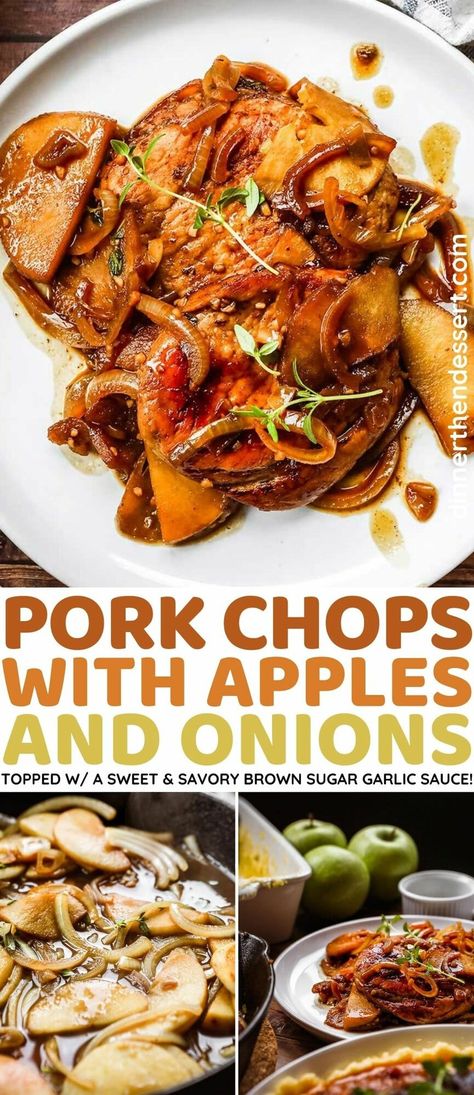 Pork Chops with Apples and Onions is a tasty easy one-pan meal with a sweet and savory brown sugar and garlic sauce. Ready in just 25 minutes! Pork Chops With Apples And Onions, Honey Apple Pork Chops, Pork With Apples And Onions, Recipes Pork Loin, Apple Pork Chop Recipes, Pork Loin Chops Recipes, Pork Ideas, Baked Pork Loin, Pork Chops With Apples