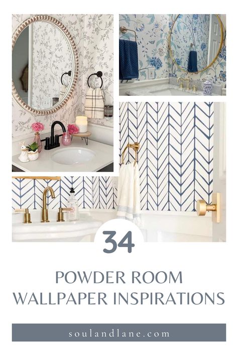 Infuse a breath of fresh style into your powder room with these wallpaper ideas. Discover chic patterns and textures that promise to elevate your walls and transform your space into a stunning oasis. Coastal Powder Room Wallpaper, Powder Room Wallpaper Ideas, Powder Room Accent Wall, Small Powder Room Wallpaper, Coastal Powder Room, White Powder Room, Room Wallpaper Ideas, Grey Floral Wallpaper, Whimsical Bathroom