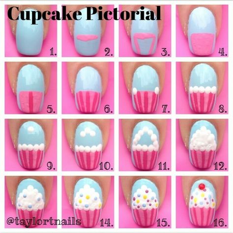 Cupcake nail art tutorial / pictorial How to Nail Pictorial, Cupcake Nail Art, Birthday Nail Art, Do It Yourself Nails, Birthday Nail Designs, Kids Nail Designs, Nail Art For Kids, Nail Art Designs Diy, Nails For Kids