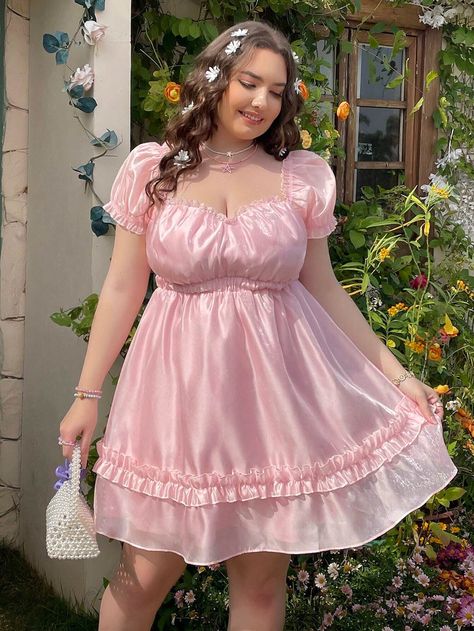 SHEIN WYWH Plus Size Women's Casual Vacation Style Short Sleeve Sweetheart Neckline A-Line Mini Dress | SHEIN USA Plus Size Cute Dress, Plus Size Cute Dresses, Plus Size Hello Kitty, Plus Sized Dress, Plus Size Babydoll Dress, Fairycore Outfit Pink, Birthday Outfit Ideas For Women Plus, Plus Size Coquette Aesthetic, Pink Outfits Plus Size