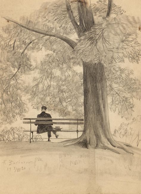 Man on park bench   -   Fedor Ivanovich Zakharov.,  1926. Russian , 1882 - 1968 Pencil on Paper Park Bench Sketch, Bench Art Drawing, Park Bench Tattoo, Painting Ideas With Pencil, Park Bench Painting, Park Bench Drawing, Bench Tattoo, Bench Sketch, Bench Aesthetic