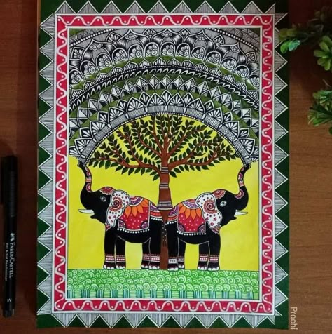 Elephant Madhubani Art, Indian Inspired Tattoos, Madhubani Elephant, Madhubani Birds, Indian Folk Art Madhubani, Folk Art Madhubani, Madhubani Drawing, Bird Silhouette Art, Mithila Art