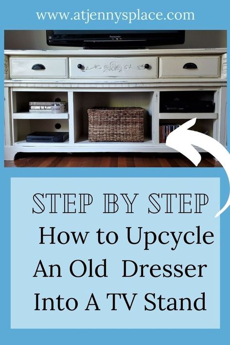 Dresser Makeover Tv Stand, Dresser Into Tv Stand, Tv Stand Makeover, Upcycle Dresser, Thrift Store Upcycle, Repurposed Dresser, Dresser Tv Stand, Farmhouse Tv, Dresser With Tv