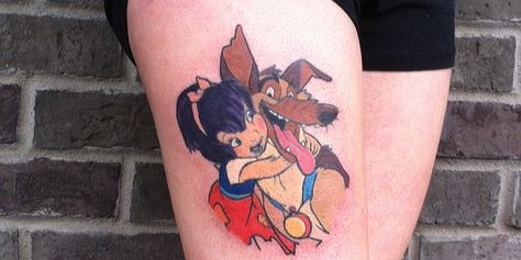 All dogs go to heaven. County Tattoo, Heaven Tattoo, Tattoo Character, Dog Portrait Tattoo, All Dogs Go To Heaven, Dogs Go To Heaven, Heaven Tattoos, Disney Sleeve, Movie Tattoo