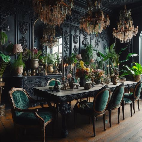 Goth Dining Room, Maximalist Dining Room, Jewel Tone Living Room, Dark Maximalist, Dark Academia Interior, Dark Academia Home, Speakeasy Decor, Home Decor Ideas Bedroom, Modern Tropical House