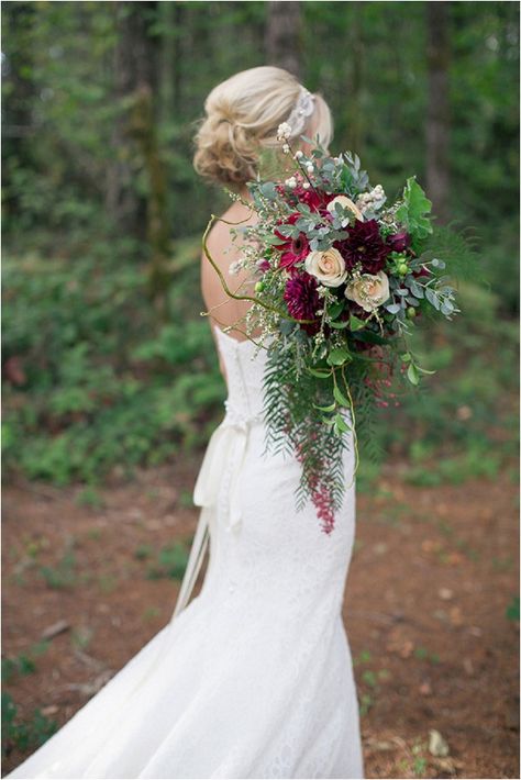 Burgundy Bouquet, Jewel Tone Wedding, Flowers And Greenery, Cascade Bouquet, Woodland Wedding, Burgundy Wedding, Forest Wedding, Bride Bouquets, Stylish Wedding