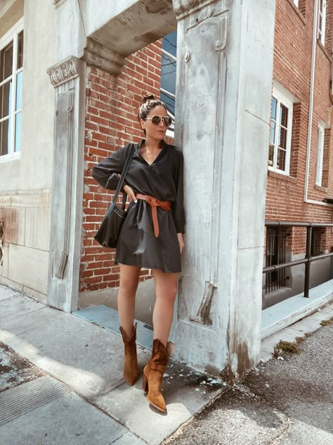 Pinterest aesthetic, that girl outfit, fall trends, fall outfit inspo, what to wear this fall Mango Cowboy Boots Outfit, Shirt Dress Boots Outfit, Brown Cowboy Boots Dress Outfit, Brown Ankle Cowboy Boots Outfit, Brown Cowboots Outfit, Short Brown Cowboy Boots Outfit, Brown Cowboy Boots Outfit Concert, Tall Cowboy Boots Outfit Fall, Tan Western Boots Outfit