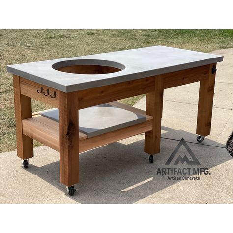 Grill table for a Kamado Joe or Big Green Egg. Artisan concrete top with Cedar base by Artifact Mfg Kamado Joe Table, Kamado Grill Table, Big Green Egg Smoker, Charcoal Grill Smoker, Big Green Egg Grill, Green Egg Grill, Kamado Grill, Grill Table, Grill Station