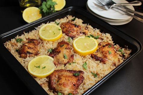 Baked Greek Chicken & Oregano Rice Chicken And Rice In Oven, Baked Greek Chicken Thighs, Rice In Oven, Oven Baked Greek Chicken, Greek Chicken And Rice, Greek Chicken Thighs, Rice In The Oven, Baked Greek Chicken, Chicken Rice Recipes