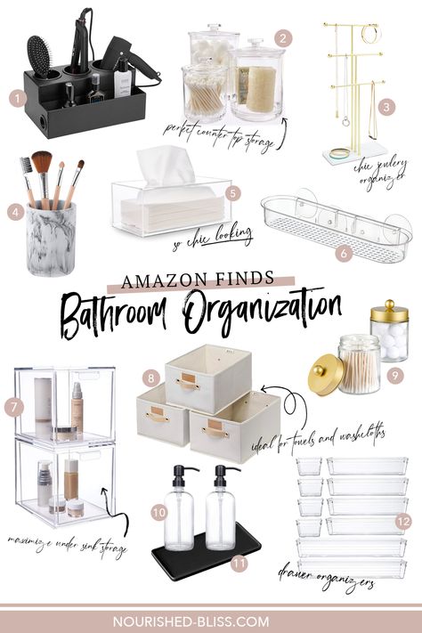 Bathroom organization products from Amazon. Chic bathroom organizers from Amazon. Bathroom Organizing on a budget - products from Amazon Bath Organizer Ideas, Small Bathroom Skincare Organization, Bathroom Needs List Products, Amazon Bathroom Storage, Bathroom Organizers Ideas, Sink Top Organization Bathroom, Organized Bathroom Ideas, Small Bathroom Amazon Finds, Bath Product Organization