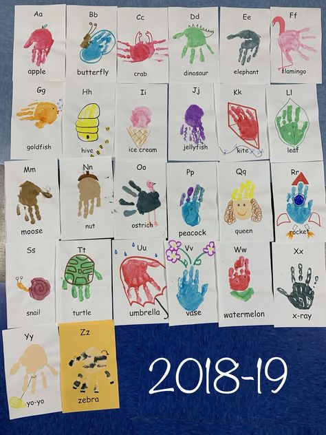 Finger Print Alphabet Book, K4 Crafts, Handprint Alphabet, Baby Alphabet Book, Letter Y Crafts, Baby Handprint Art, King Julian, Baby Art Crafts, Infant Art