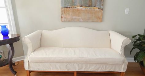 Couch Slip Cover Ideas, Drop Cloth Slipcover, Diy Paint Ideas, Camel Back Sofa, Diy Furniture Sofa, Upstate House, Camelback Sofa, Pottery Barn Sofa, Couch Sets