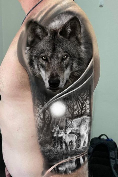 Family Wolf Pack Tattoo, Wolf And Pups Tattoo, Wolf Cubs Tattoo, Wolf Family Tattoos For Men, Wolf And Cub Tattoo, Wolf Family Tattoo, Wolf And Cub Tattoo Design, Tato Wolf, Wolf Sleeve Tattoo