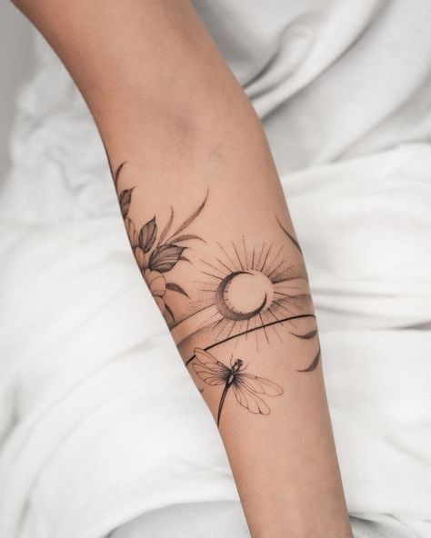 Fine line • Katowice | I am grateful that I can meet various, interesting souls from all over the world… thanks to my work 💖 thank you Nara! 😌 #armbandtattoo… | Instagram Feminine Spiritual Tattoos, Floral Sleeve Filler, Fine Line Arm Sleeve, Boho Arm Tattoo, Floral Fine Line Tattoo, Mama Tattoo, Natur Tattoo Arm, Delicate Tattoos For Women, Cuff Tattoo