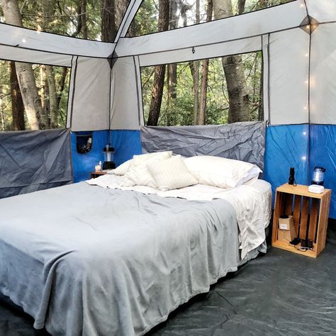 Tents Camping Glamping, Easy Camping Hacks, Tent Camping Hacks, Tent Living, Glamping Tent, Diy Tent, Camping Inspiration, Comfortable Camping, Tent Set Up