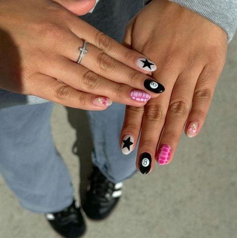 Nail Inspo Different Designs On Each Finger, Mixed Acrylic Nails, 8 Ball Nails Short, 8 Ball Nails Pink, Magic Eight Ball Nails, Pink 8 Ball Nails, Eightball Nails, Nails 8 Ball, Magic 8 Ball Nails