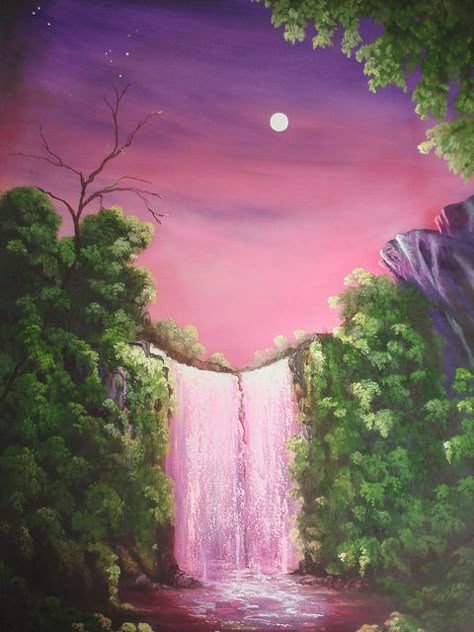 pink waterfall | Flickr - Photo Sharing! Sunset Waterfall Drawing, Colorful Waterfall Painting, Pink Waterfall Aesthetic, Water Fall Painting Ideas, Pink Waterfall, Sunset Waterfall Painting, Pink Landscape Painting, Fairytale Painting, Waterfall Painting