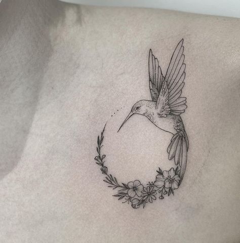 Daisy Hummingbird Tattoo, Hummingbird Circle Tattoo, Fine Line Hummingbird Tattoo, Hummingbird Tattoo Black, Hummingbird Tattoo Meaning, Violet Flower Tattoos, Olive Tattoo, Circle Tattoos, Circle Tattoo