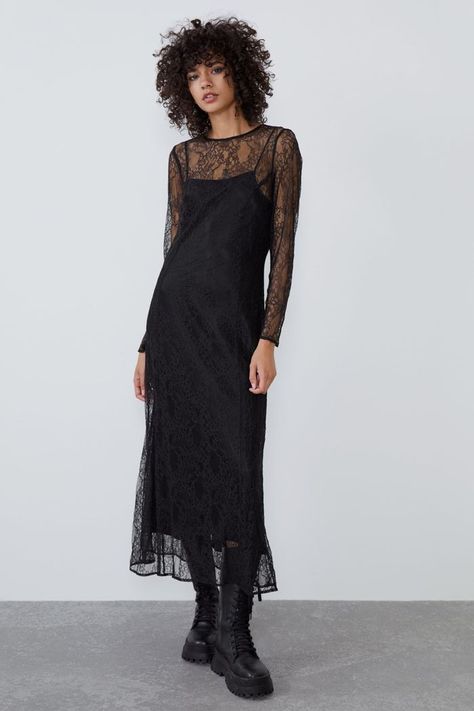 Zara Lace Dress Zara Long Dress, Party Dress Inspiration, Lace Shirt Dress, Dress Outfits Party, Midi Dress Outfit, Tie Up Dress, Black Lace Shirt, Black Lace Midi Dress, 파티 드레스