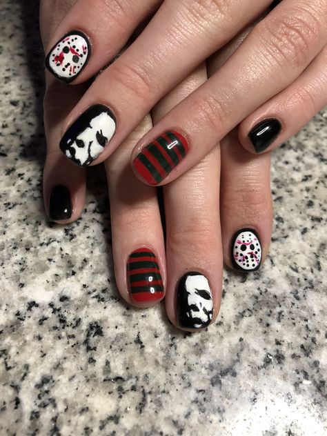 Halloween Nails Jason, Fun Halloween Nails, Horror Nails, Holloween Nails, Band Nails, Mens Nails, Black Tips, Nails Inspired, Hippie Nails