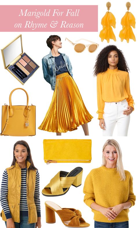 Marigold Clothing and Accessories For Fall Marigold Mood Board, Marigold Color Aesthetic, Marigold Inspired Fashion, Marigold Magic, Marigold Artwork, Deep Autumn, Fall Color Palette, Color Crush, Fall Shopping