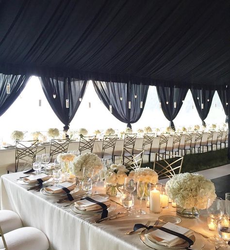 Black tent draping for a black tie wedding on the family's vineyard! Gorgeous design by @elleellinghaus with @victoriaclausenflorals, @rougecatering, @oscardelarenta, @goeventpro. Congrats Caroline + Addison! Black Tent Draping, Ceiling Draping Wedding, Tent Draping, Wedding Draping, Draping Wedding, Ceiling Draping, Tented Wedding, Black Drapes, Black Ceiling