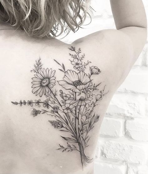 Contemporary Tattoo, Flower Variety, Floral Back Tattoos, Dragon Tattoo Ideas, Floral Tattoo Shoulder, Wrap Tattoo, Bouquet Tattoo, Wildflower Tattoo, Design Tattoos