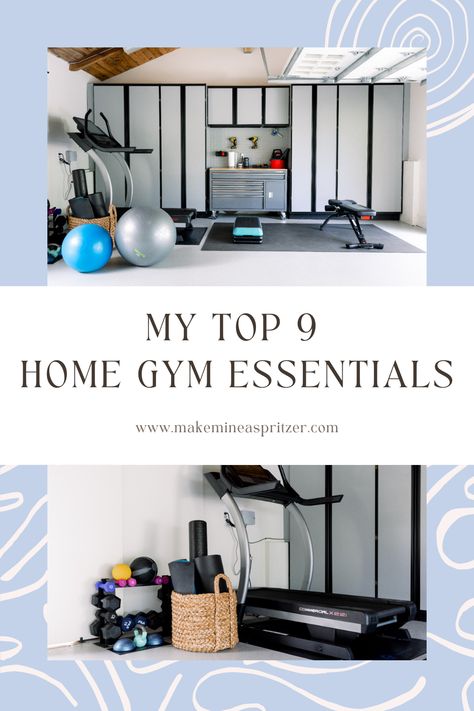 Top 9 Home Gym Essentials Pin Collage Home Gym Essentials Woman, Home Gym Must Haves Women, Basic Home Gym Setup, Home Gym Women, Home Gym Necessities, Home Gym Equipment Must Have, Gym In Living Room, Home Gym Ideas Small Bedroom, Workout Room Organization