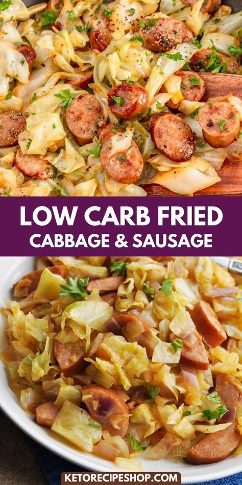 This Low Carb Fried Cabbage & Sausage is a quick and easy way to enjoy a satisfying keto meal.  Packed with vitamins and protein, it's perfect for busy weeknights! Cabbage With Sausage, Cooked Cabbage Recipes, Fried Cabbage With Sausage, Kielbasa And Cabbage, Cabbage Dishes, Sausage Recipes For Dinner, Healthy Low Carb Dinners, Cabbage And Sausage, Breakfast Low Carb