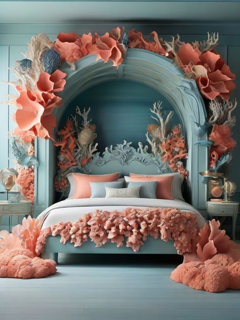 Immerse yourself in the ‘Aqua Essence’ of underwater-themed bed sanctuary. The coral-shaped headboard, oceanic lighting effects, and a soothing sea palette transport your bedroom into a tranquil oasis. 🛏️🌊✨ #UnderwaterBedSanctuary #AquaEssence #SeaInspiredRetreat #PinterestOceanicSpaces Aquatic Theme Bedroom, Sea Inspired Room, Underwater Theme Bedroom, Ocean Bedroom Kids, Sea Bedroom Ideas, Sea Themed Bedroom, Jellyfish Room, Shell Bedroom, Ocean Decor Bedroom