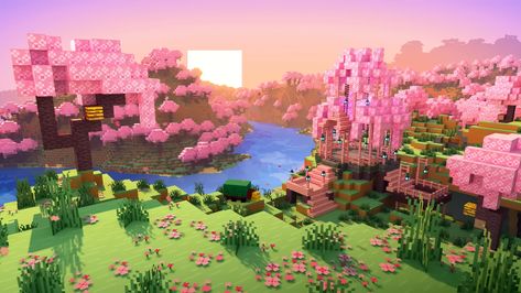 minecraft Blossom House, Wallpaper Rosa, Cherry Blossom Wallpaper, 2560x1440 Wallpaper, Cute Minecraft Houses, Minecraft Wallpaper, Minecraft Games, Sakura Tree, How To Play Minecraft