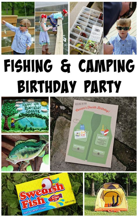 Fishing & Camping Themed Kids Birthday Party Ideas (decorations, invitations, activities, decor) Camping Party For Adults, Camp Theme Party Games, Backyard Camp Out Birthday Party Ideas, Camp Birthday Party Games, Camping Birthday Activities, Backyard Camping Birthday Party Ideas, Outdoor Adventure Birthday Party, Nature Birthday Party Activities, Camping Birthday Food