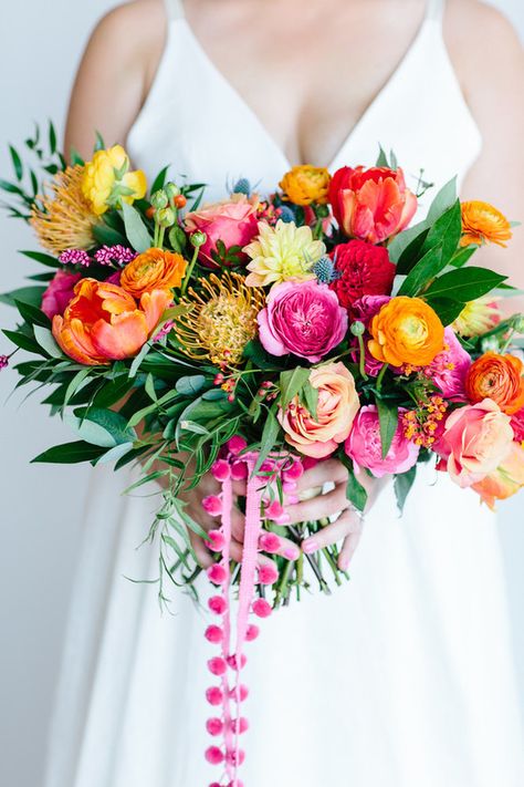 Whimsical, brightly colored wedding ideas and a surprise proposal! - 100 Layer Cake Colorful Bridal Bouquet, Colorful Wedding Cakes, Colorful Wedding Bouquet, Bright Wedding Colors, Summer Wedding Bouquets, Boda Mexicana, Blue Wedding Flowers, Wedding Flowers Summer, Bright Wedding