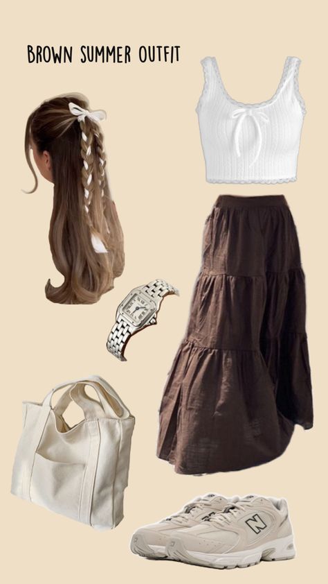 Long brown skirt, white tank, silver watch, big beige tote, and the New Balance 530, half down half up braided hair with a white ribbon bow Long Brown Skirt Outfit Ideas, Brown Skirt Outfit Summer, Long Beige Skirt Outfit, Brown Long Skirt Outfit, Long Brown Skirt Outfit, Brown Long Skirt, Brown Skirt Outfit, Long Skirt Outfits For Summer, Fire Outfits