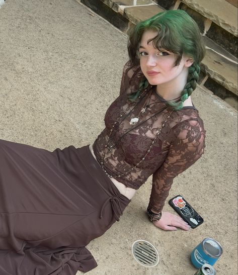 green hair brown hippie whimsigoth whimsy goth fairy core grunge monochrome skull alternative outfit inspo Green Goth Dress, Goth Hippie Outfits, Long Green Sweater, Goth Fairy Core, Fairy Core Grunge, Green Goth, Fairy Grunge Outfit, Grunge Hippie, Outfit Collection