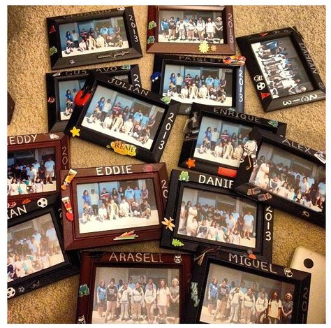 end of the year gifts for my students - photo frames decorated with their interests Gifts For My Students, Decorated Picture Frames, Elementary School Party, Tk Classroom, Tk Ideas, Farewell Ideas, Graduation Activities, School Photo Frames, School Picture Frames