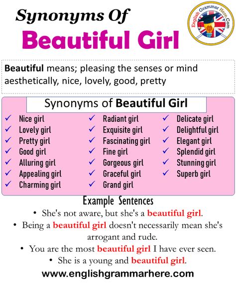 Synonyms Of Beautiful Girl, Beautiful Girl Synonyms Words List, Meaning and Example Sentences Synonyms words are that have different spelling but have the same meanings. As in any language, there are synonyms in English. A word can have more than one synonym. If a person who has just started learning English memorizes every word he / she learned with their synonyms, their vocabulary increases. We have more vocabulary about the language we learn, and our competence in that language increases. Synonyms Of Beautiful, Beautiful Synonyms Words, Synonyms Words, Pretty Meaning, English Desk, Mail Writing, Better Writing, Words List, English Grammar Rules