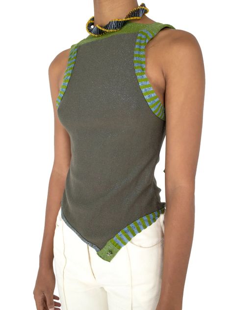 KIKO KOSTADINOV – AROVA SLEEVELESS KNIT TOP SERPENTINE GREEN October Fashion, Kiko Kostadinov, Sleeveless Knit Top, Asymmetrical Neckline, Sleeveless Knit, Ann Demeulemeester, Style Me, Knit Top, Shoulder Strap