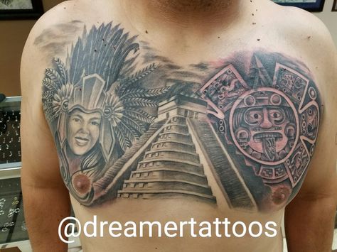 aztec portrait pyramid tattoo chest peice Aztec Pyramid Tattoo, Aztec Portrait, Aztec Warrior Tattoo, Aztec Tattoos Sleeve, Pyramid Tattoo, Aztec Drawing, Aztec Pyramids, Aztec Tattoos, Tattoo Chest