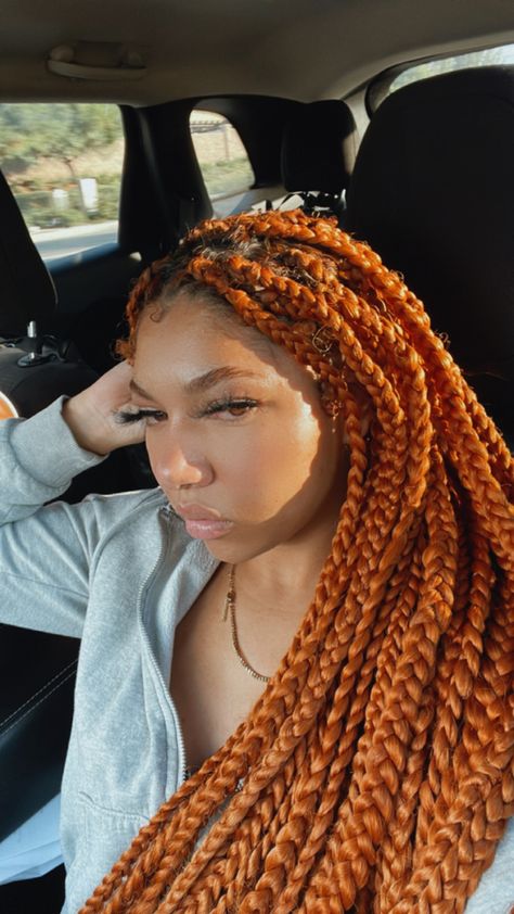 Orange box braids Orange Box Braids With Curly Ends, Orange Brown Braids, Orange Brown Box Braids, Orange And Black Box Braids, Box Braids Ginger, Box Braids Orange, Orange Box Braids, Orange Braids, Thick Box Braids