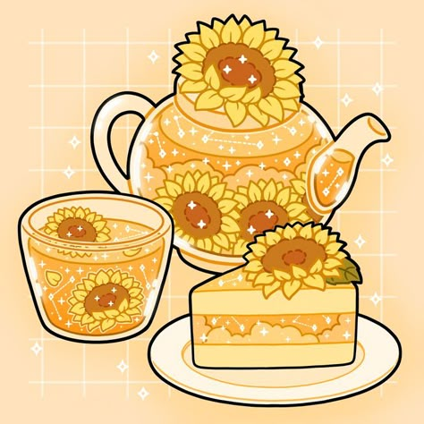 #sunflower #tea #set #cake #cup #pot #afternoon #sunshine #bright #yellow #flowers #cute #kawaii #soft #glass #aesthetic #stars #sparkles #clouds #plate #drink #digitalart #digitalartist #art #drawing #illustration #stickers Sunflower Tea, Pot Drawing, Aesthetic Stars, Illustration Stickers, Glass Aesthetic, Cake Cup, Tea Illustration, Art Style Challenge, Flowers Cute