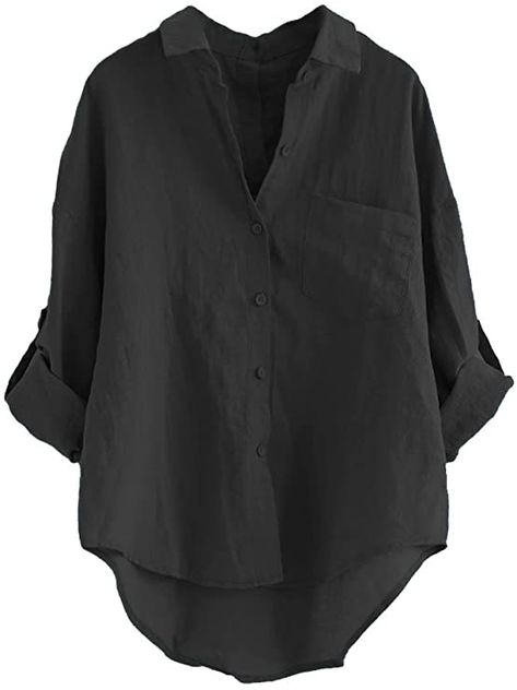 Minibee Women's Linen Blouse High Low Shirt Roll-Up Sleeve Tops Black XL at Amazon Women’s Clothing store Wedding Photographer Outfit, High Low Shirt, Shirt Casual Style, Tops Black, Loose Shirts, Linen Blouse, Womens Long Sleeve Shirts, Roll Up Sleeves, Amazon Com