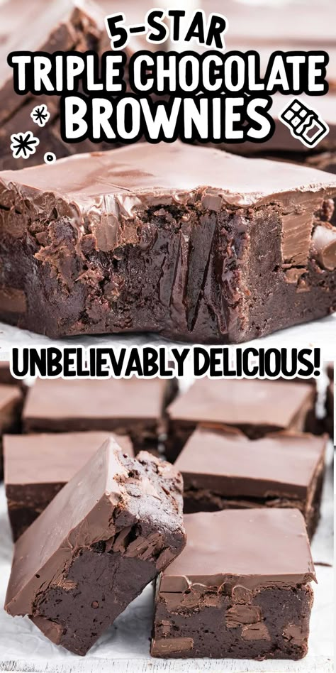 Yummy Brownie Recipes, Triple Chocolate Brownies, Brownie Desserts Recipes, Brownies Recipe Homemade, Brownie Desserts, Easy Baking Recipes Desserts, Triple Chocolate, Chocolate Craving, Easy Baking Recipes