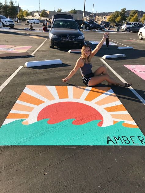 Sunset Senior Parking Spot, Beach Parking Spot Painting, Teacher Parking Spot Painting, How To Paint Senior Parking Space, Parking Spot Painting High School Cute, Senior Parking Lot Painting Ideas, Unique Parking Spot Paintings, Simple Parking Spot Painting, Cute Parking Spot Painting Ideas