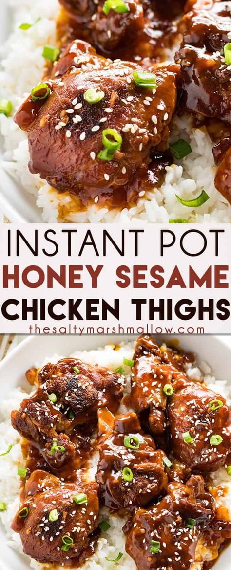 Honey Sesame Instant Pot Chicken Thighs are super easy, tender, and flavorful making for one of the best instant pot chicken recipes ever!  This chicken is smothered in a sweet and savory honey sesame garlic sauce that is out of this world and perfect over rice! #instantpot #thesaltymarshmallow #chickendinner #chickenthighs Sesame Garlic Sauce, Party Food Crockpot, Instant Pot Chicken Thighs, Honey Sesame Chicken, Food Crockpot, Instant Pot Chicken Recipes, Chicken Thighs Recipe, Thighs Recipe, Honey Sesame