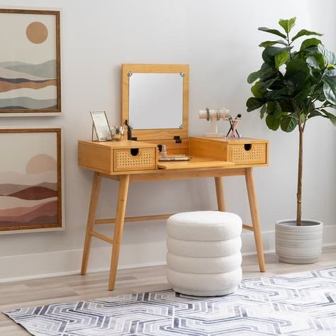 Chantal Natural Wooden 2 Cane Drawer Vanity - Bed Bath & Beyond - 40153646 Boho Vanity, Hidden Mirror, Rental Home Decor, Drawer Vanity, Vanity Table Set, Small Vanity, Scrap Wood Projects, Bedroom Vanity, Wood Vanity