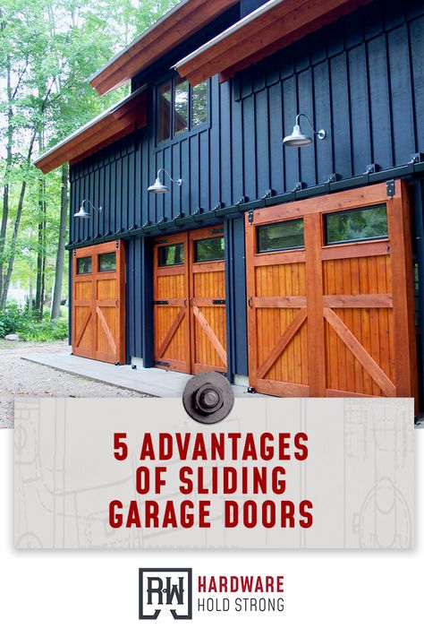 Exterior Sliding Barn Doors Garages, Sliding Garage Door Ideas, Oversized Garage Doors, Pole Barn Garage Doors, Barndominium Garage Doors, Barn Door Garage Doors, Pole Barn Colors Scheme, Barn Garage Doors, Venue Exterior