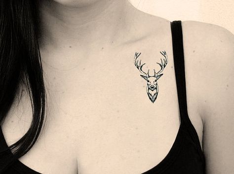 Deer Temporary Tattoo Whimsical Woodland Animal by AnteatersInk Hirsch Tattoo Frau, Antler Tattoos, Deer Head Tattoo, Antler Tattoo, Deer Tattoo Designs, Small Animal Tattoos, Stag Tattoo, Origami Tattoo, Hunting Tattoos