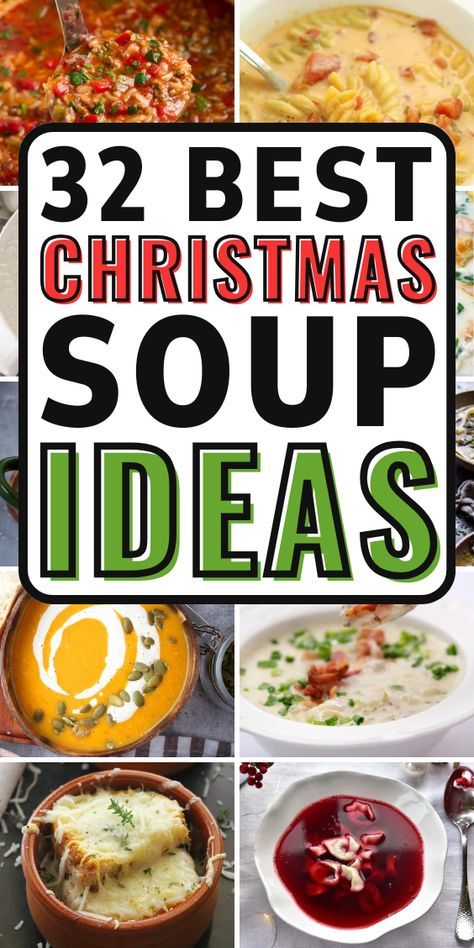 Discover the 32 best Christmas soup ideas to make your holiday meals unforgettable! From rich, creamy options to savory, hearty bowls, these soups are perfect for warming up your guests this season. Whether you’re looking for classic flavors or festive twists, these easy recipes will help you create a memorable Christmas dinner. Pin these delicious ideas and get ready to impress your family and friends with the ultimate winter comfort food! Christmas Soups Recipes, Xmas Soup Recipes, Christmas Dinner Soup Recipes, Party Soup Ideas, December Soup Recipes, Easy Christmas Soup Recipes, Appetizers With Soup, Soup Christmas Dinner, Dessert Soup Recipes