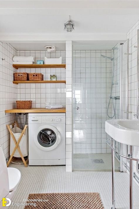 30 Smart Bathroom Design Ideas With Washing Machine - Engineering Discoveries Laundry Bathroom Combo, Room Storage Diy, Laundry Room Bathroom, Bad Inspiration, Vintage Laundry, Diy Bathroom Remodel, Small Laundry Room, Small Bathroom Storage, Laundry Room Storage